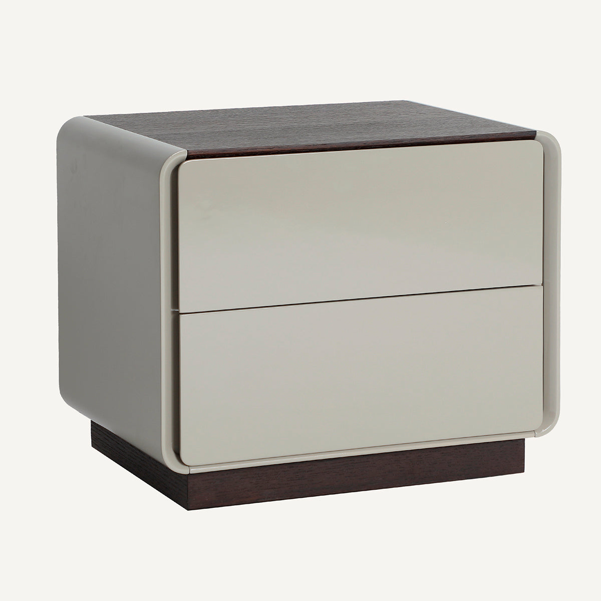 Mesita de noche fabricada en chapa de roble gris y madera marrón