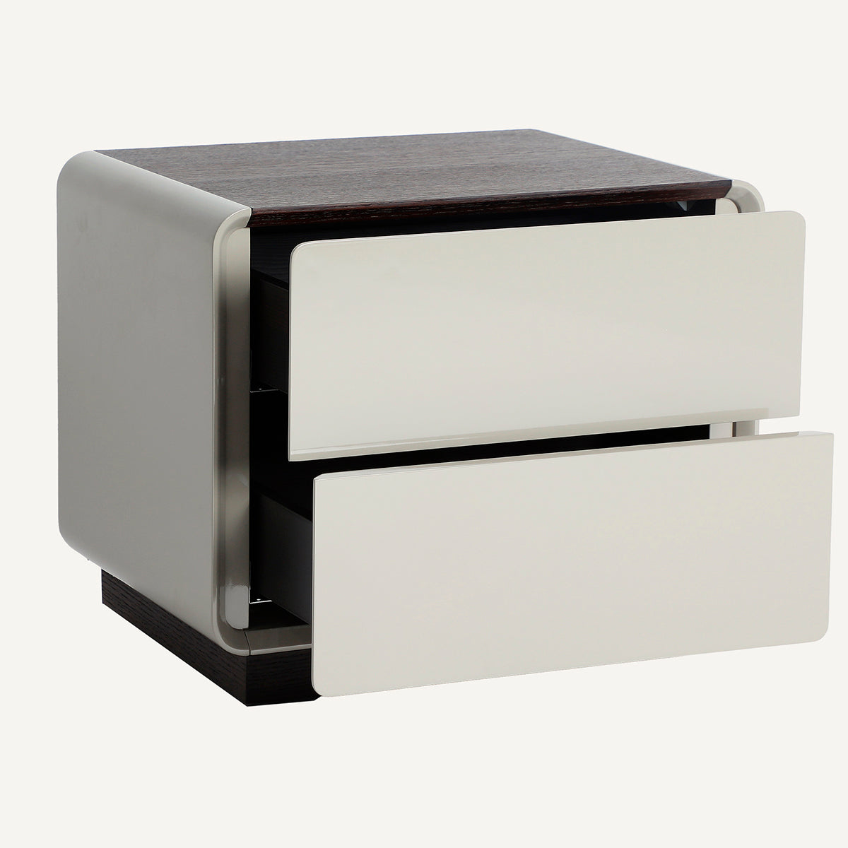 Mesita de noche fabricada en chapa de roble gris y madera marrón