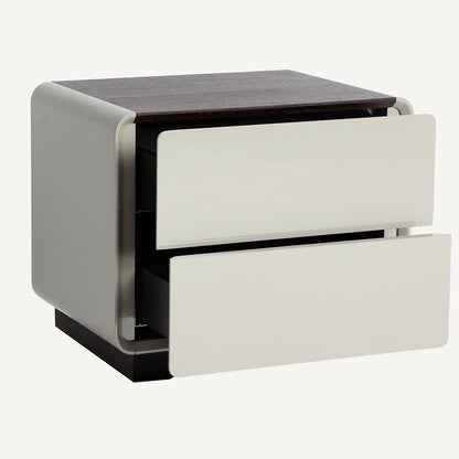 Mesita de noche fabricada en chapa de roble gris y madera marrón