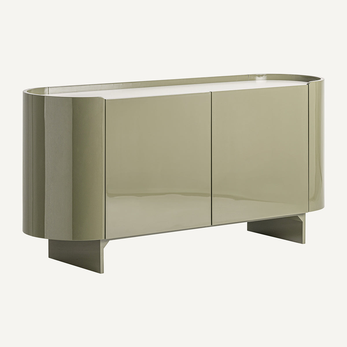 Aparador en color verde oliva de madera DM y base de cerámica blanca.