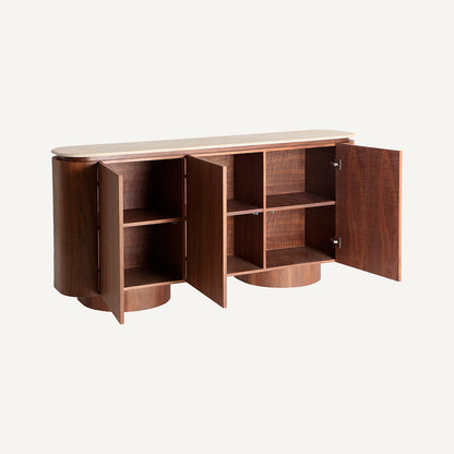 Aparador marrón y beige, fabricado en madera DM, chapa de nogal y mármol.