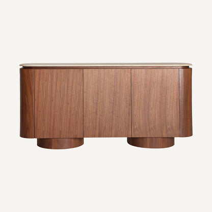 Aparador marrón y beige, fabricado en madera DM, chapa de nogal y mármol.