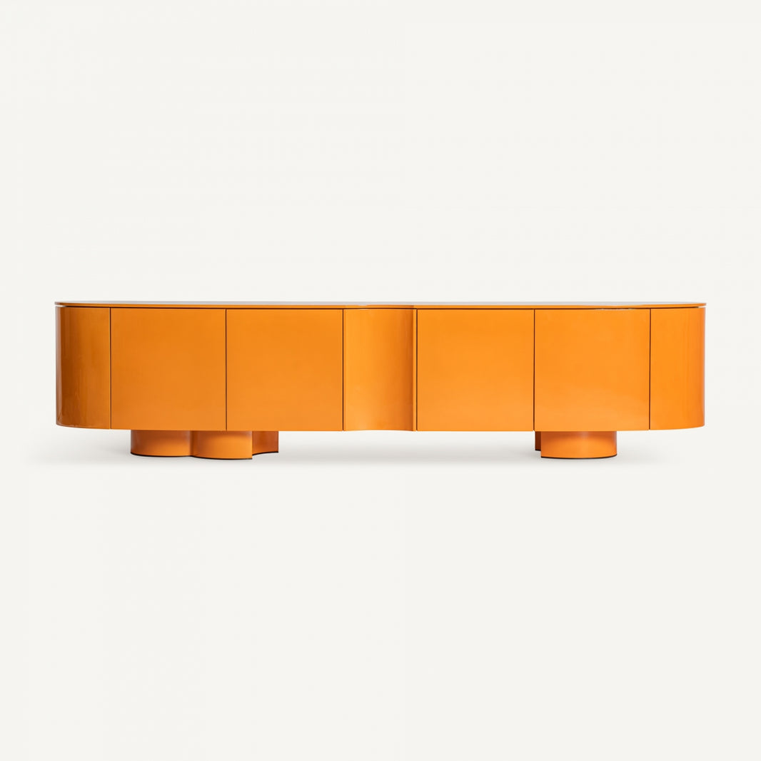 Mueble TV en madera DM combinado con hierro, color naranja