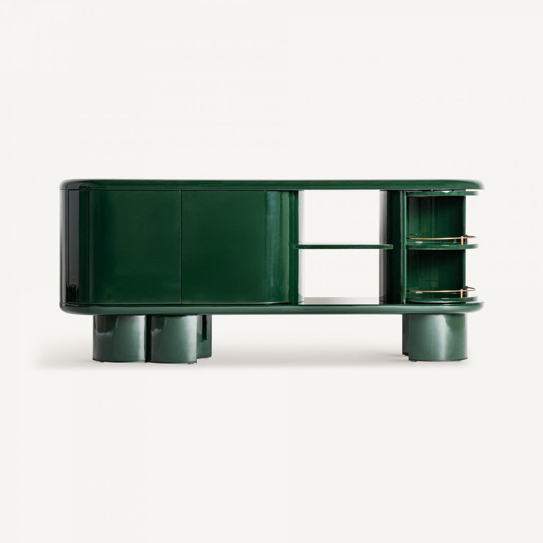 Aparador en verde, de madera DM combinado con hierro y acero inoxidable