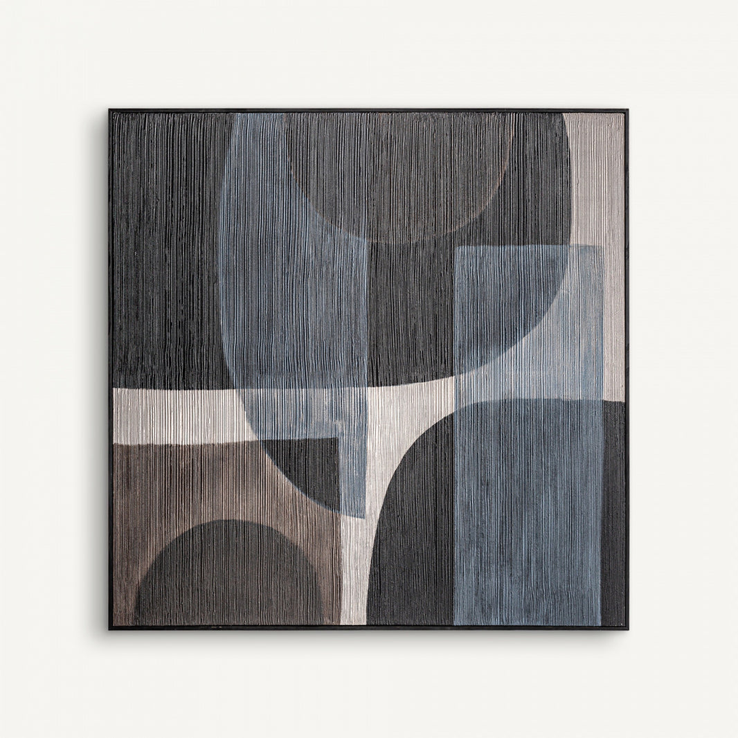 Cuadro en lienzo combinado con madera de pino, en tonos de color azul, marrón y negro