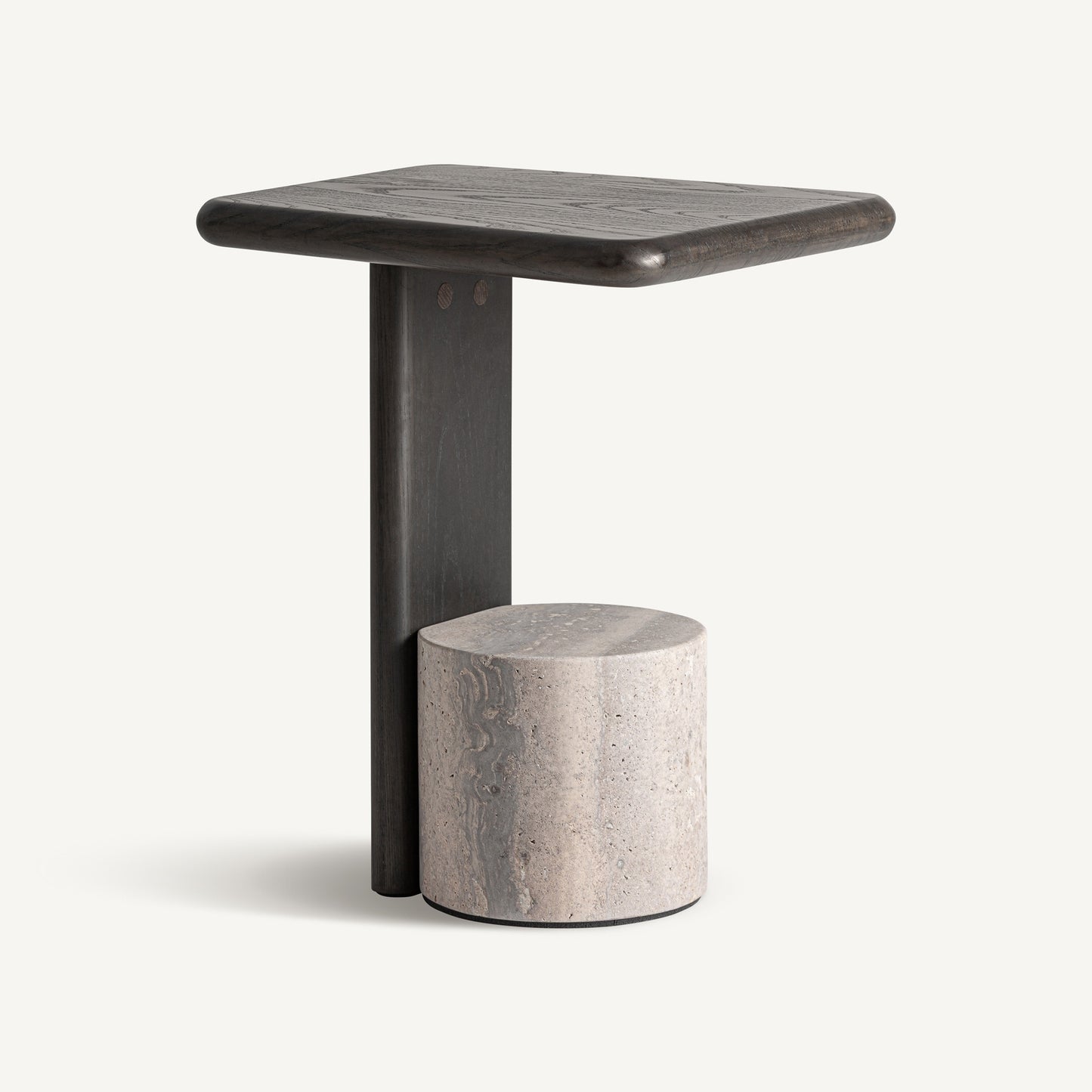 Mesa auxiliar en madera oscura con base a media altura en travertino RIGNAC