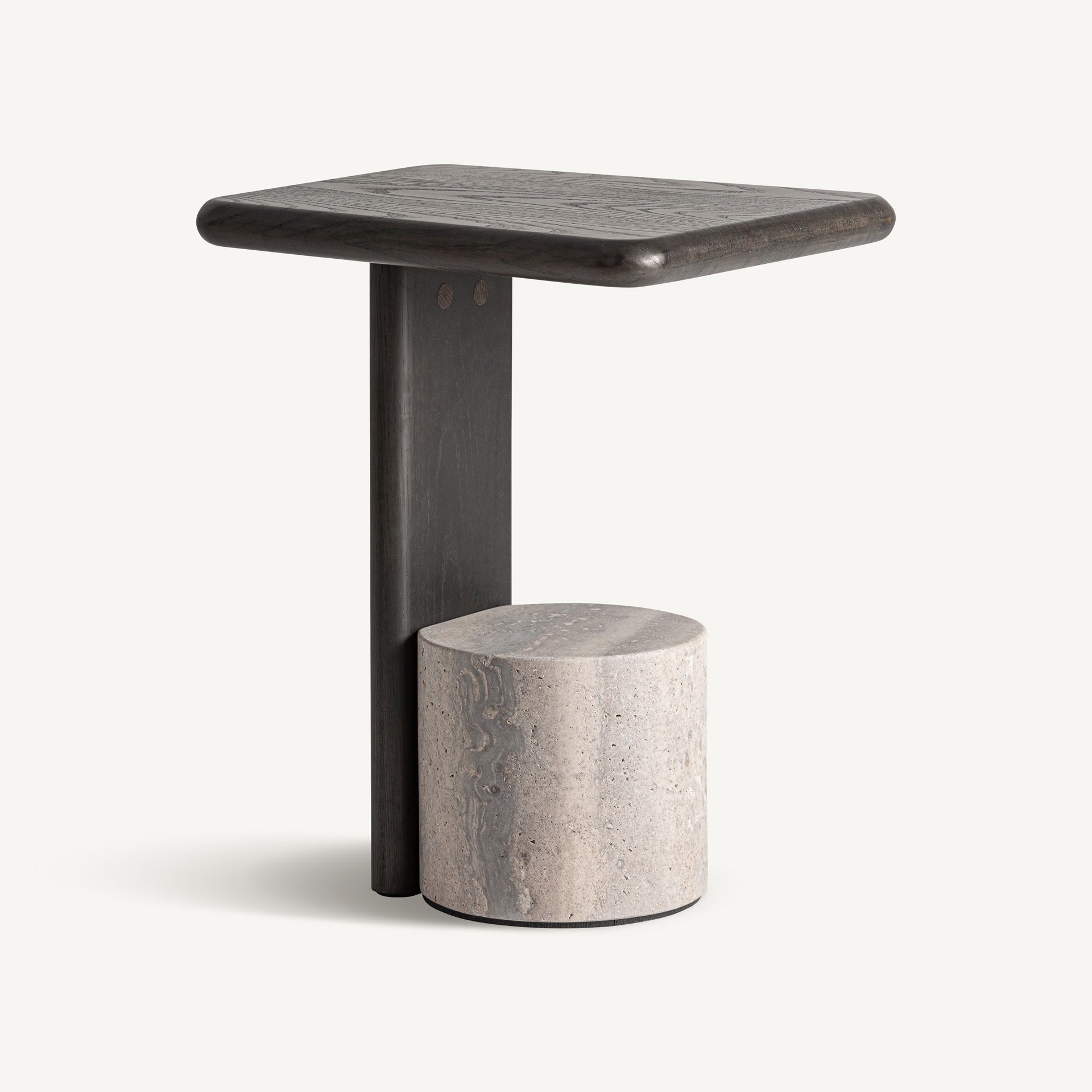 Mesa auxiliar en madera oscura con base a media altura en travertino RIGNAC