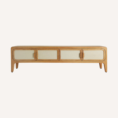 Mueble TV fabricado en madera de mango combinado con detalles en bambú beige.