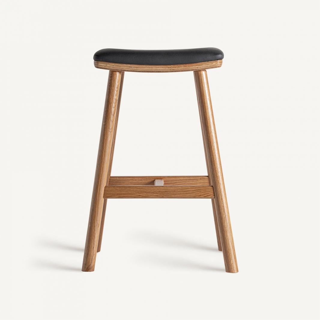 Taburete de madera de roble y polipiel, en marrón y negro, estilo vintage