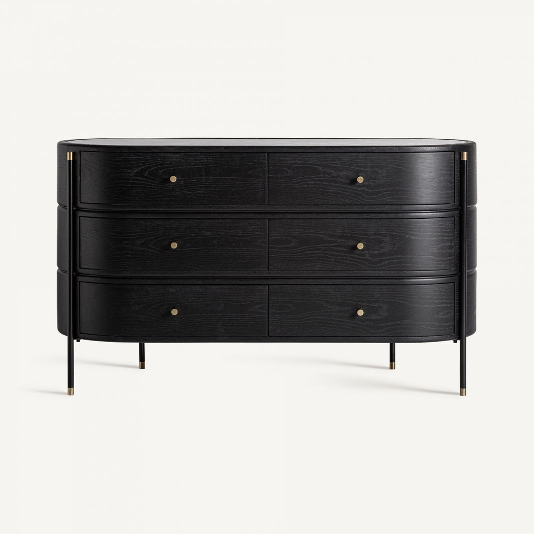 Cómoda en color negro, fabricada de madera DM con tapa de cerámica y hierro. Tiradores dorados
