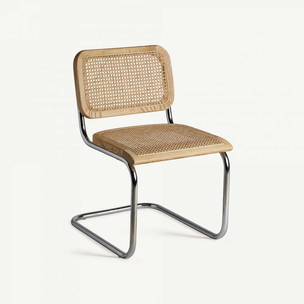 Silla Sins de diseño artesanal en madera de olmo, ratán y acero