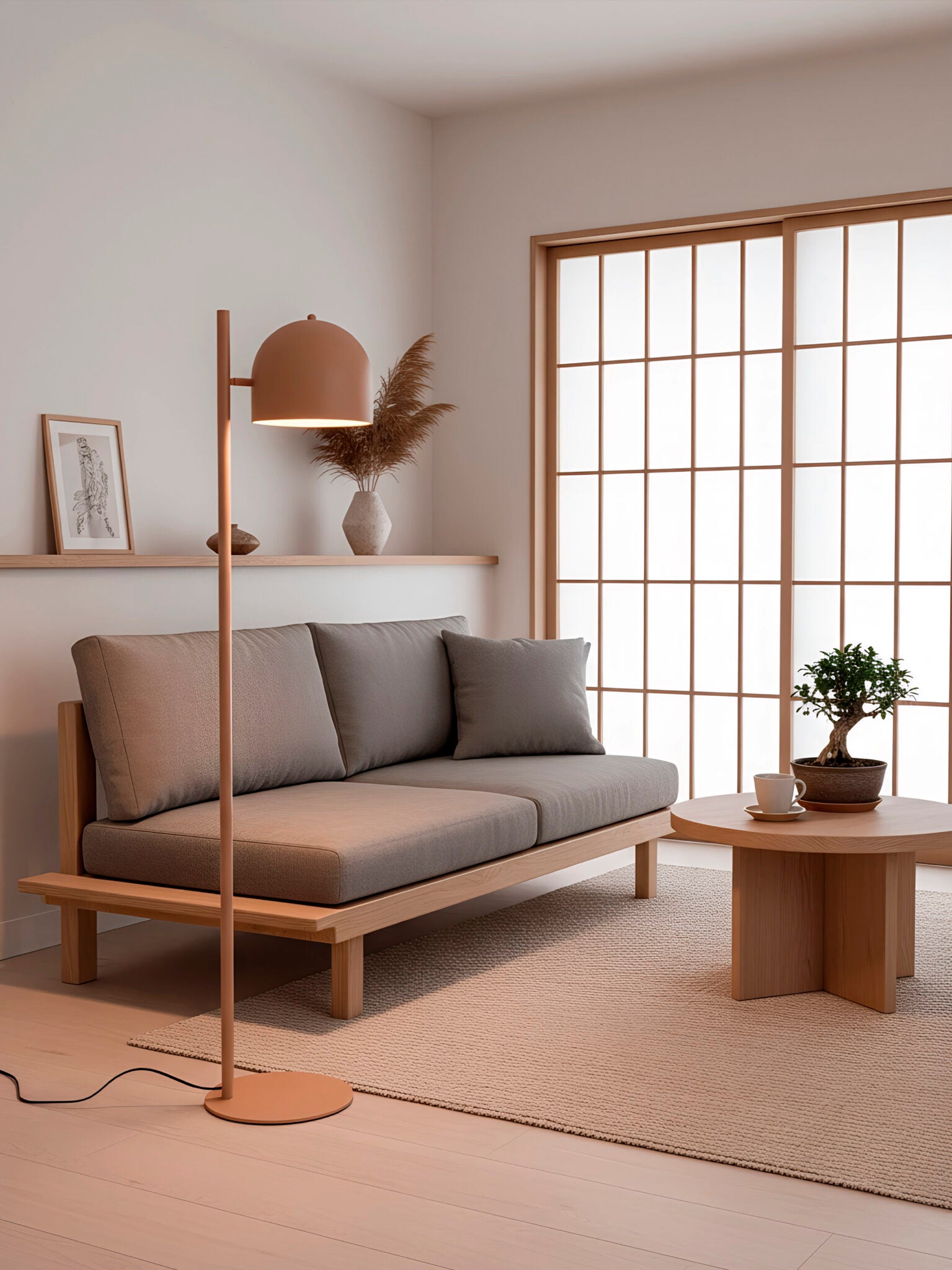 Lámpara de pie en color teja, fabricada de acero con un portalámparas.