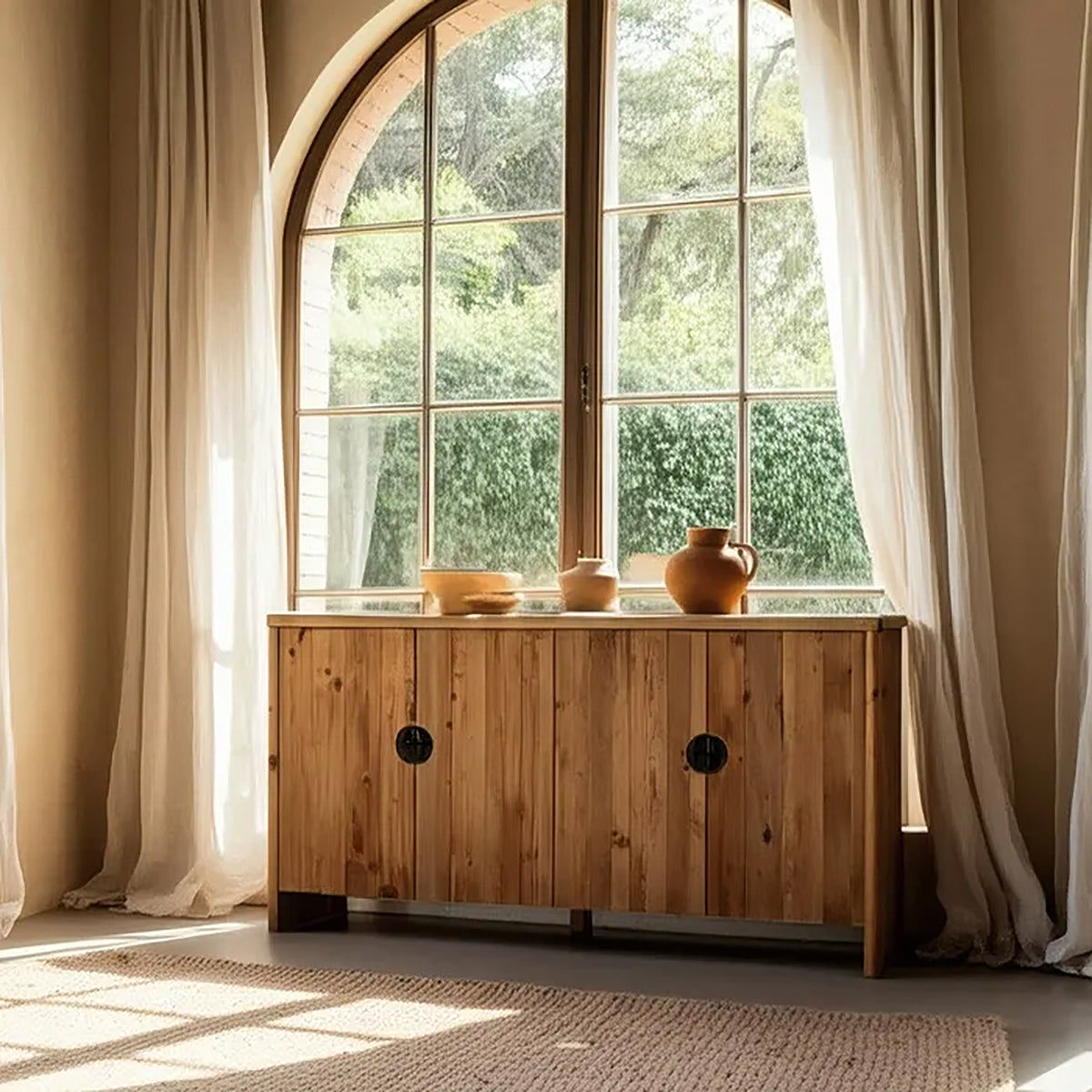 Aparador de pino reciclado con tiradores de hierro negro.