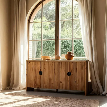 Aparador de pino reciclado con tiradores de hierro negro.