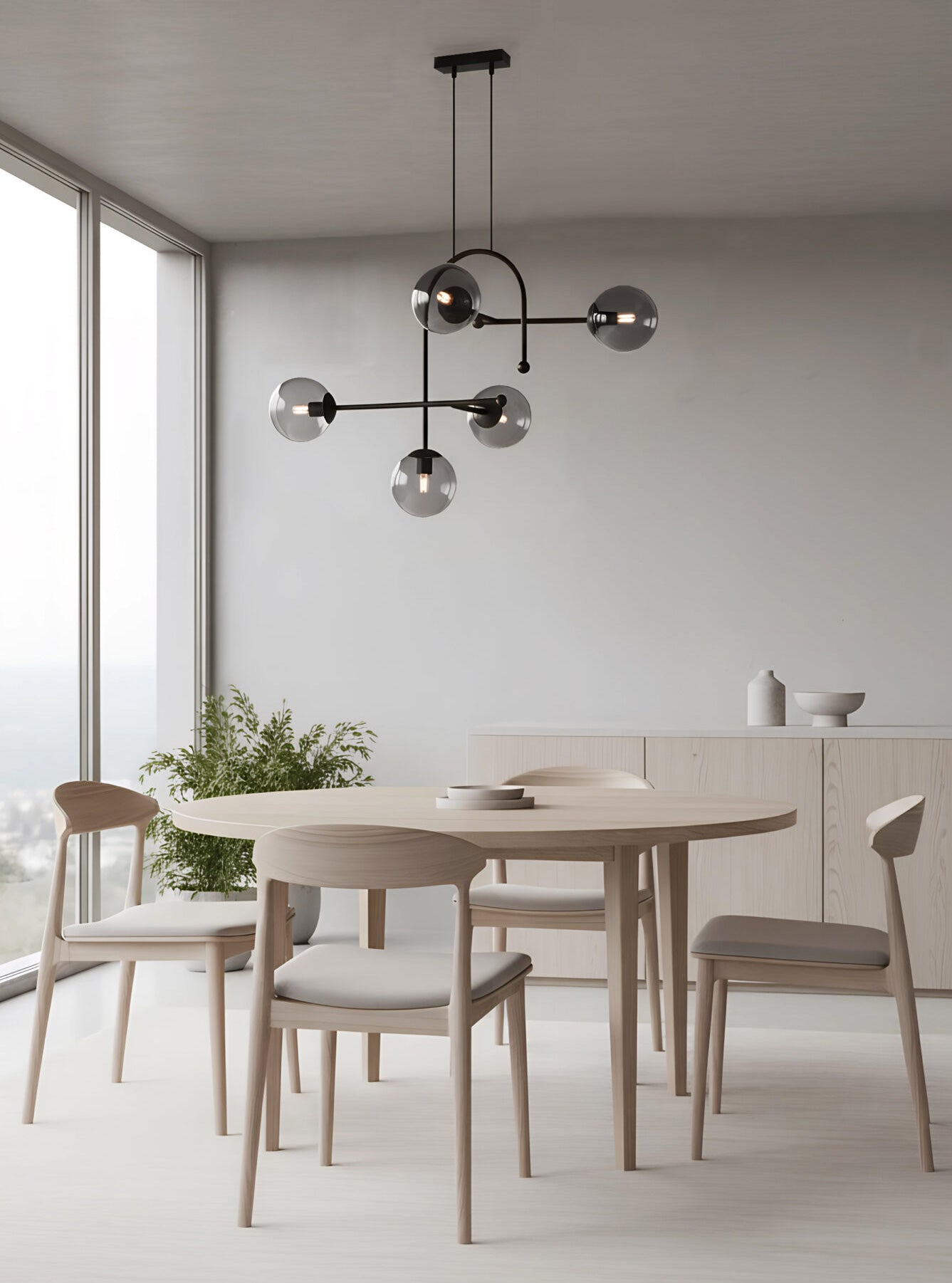 Lámpara de techo con 5 esferas de vidrio ahumado negro en distintas alturas