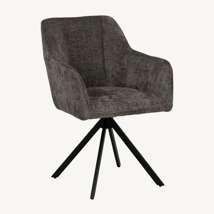 Silla tapizada en tejido gris con reposabrazos y estilo moderno