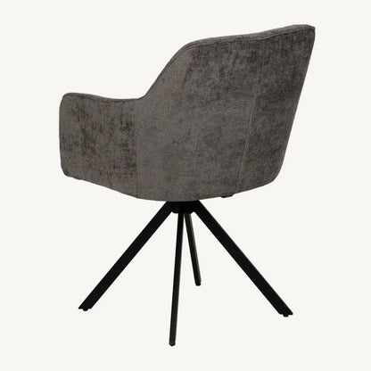 Silla tapizada en tejido gris con reposabrazos y estilo moderno