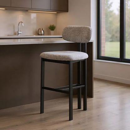 Taburete Koru gris y negro con tejido aterciopelado repelente al agua