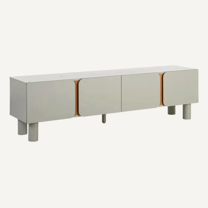 Mueble TV color taupe grisáceo y marrón, fabricado de madera DM y patas en madera de roble.