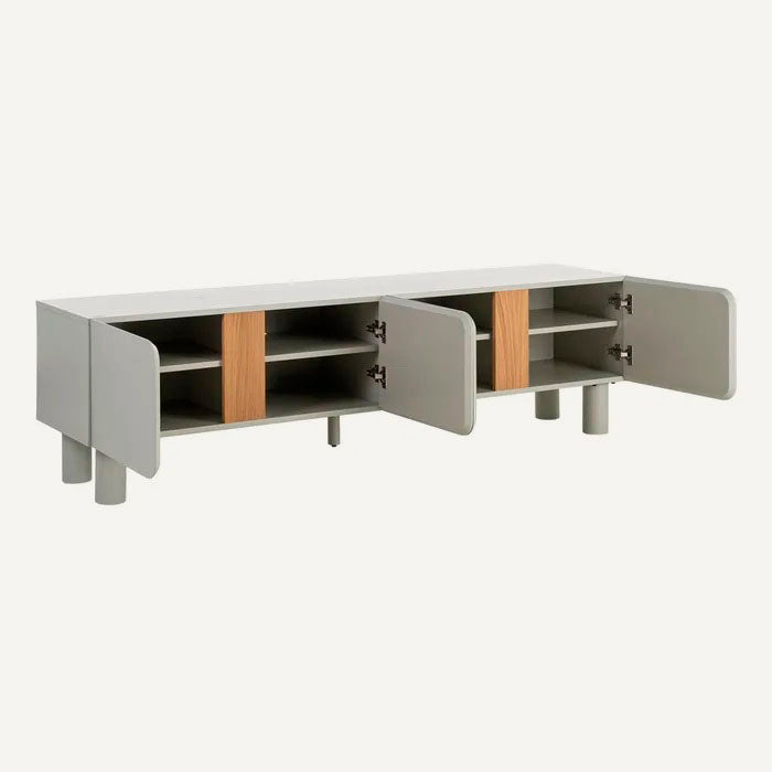 Mueble TV color taupe grisáceo y marrón, fabricado de madera DM y patas en madera de roble.