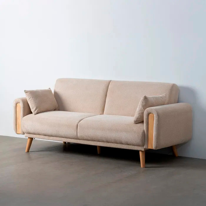 Sofá cama de 2 plazas, en color crema fabricado de madera de eucalipto. Fácil apertura