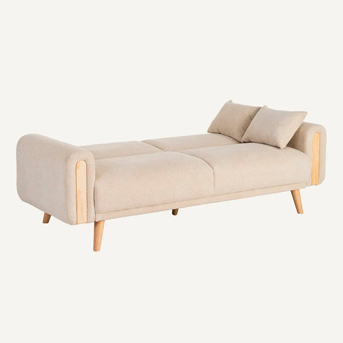 Sofá cama de diseño en crema bouclé con apertura fácil. 3 plazas 