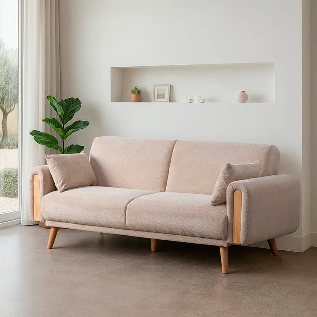 Sofá cama de 2 plazas, en color crema fabricado de madera de eucalipto. Fácil apertura