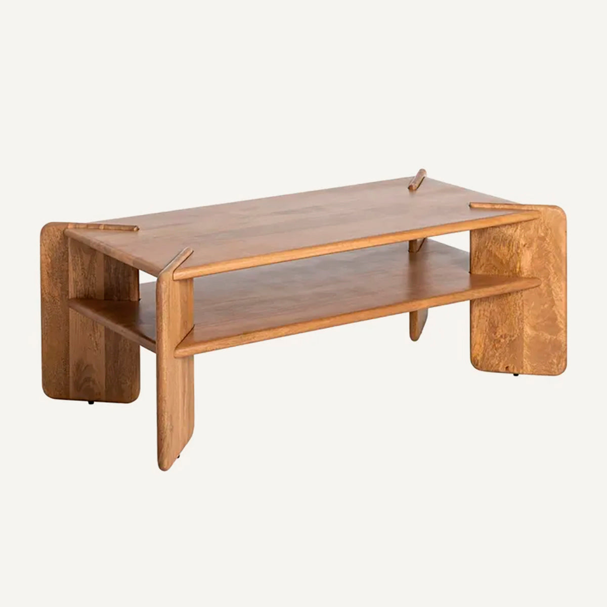 Mesa de centro rectangular con un hueco en medio. Fabricada de madera de mango natural