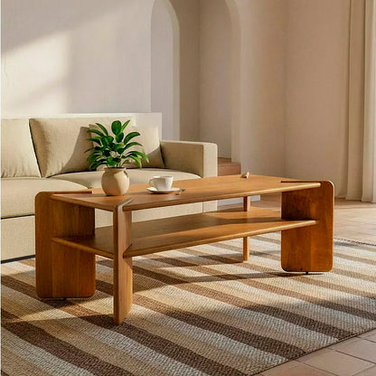 Mesa de centro rectangular con un hueco en medio. Fabricada de madera de mango natural