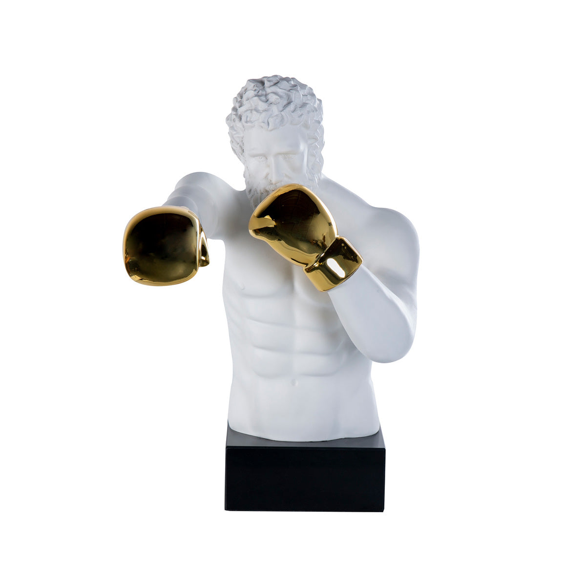 Figura boxeador blanco y dorado, en metal combinado con mármol