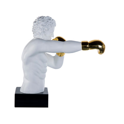 Figura boxeador blanco y dorado, en metal combinado con mármol