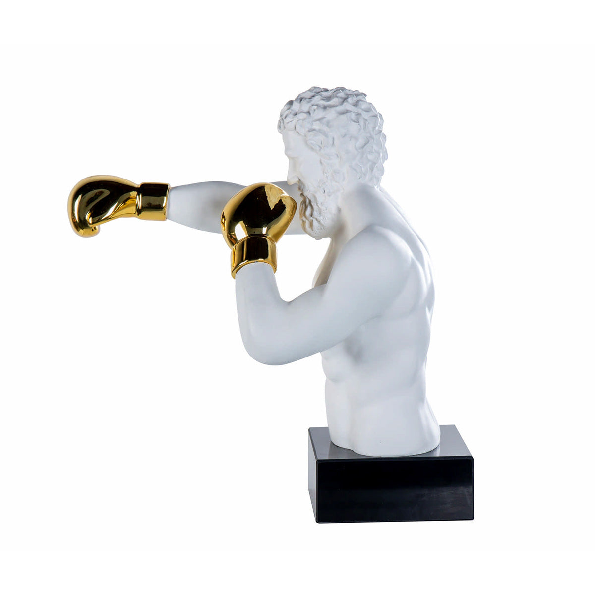 Figura boxeador blanco y dorado, en metal combinado con mármol