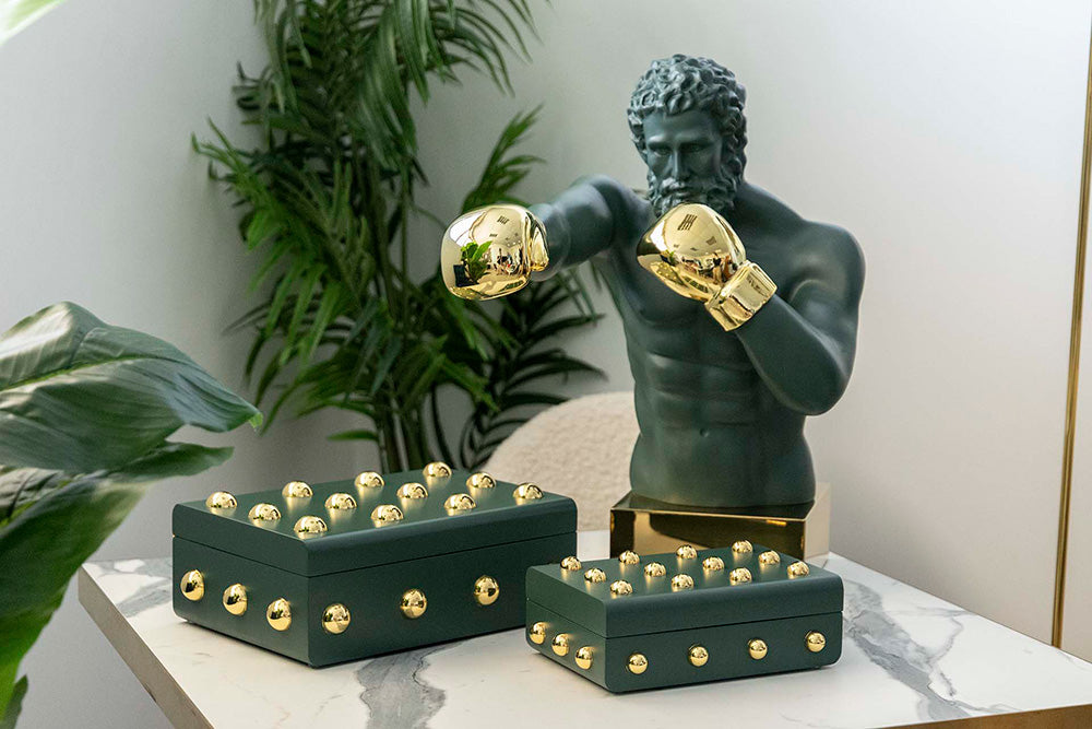Figura boxeador verde, metal y resina. Cajas joyero
