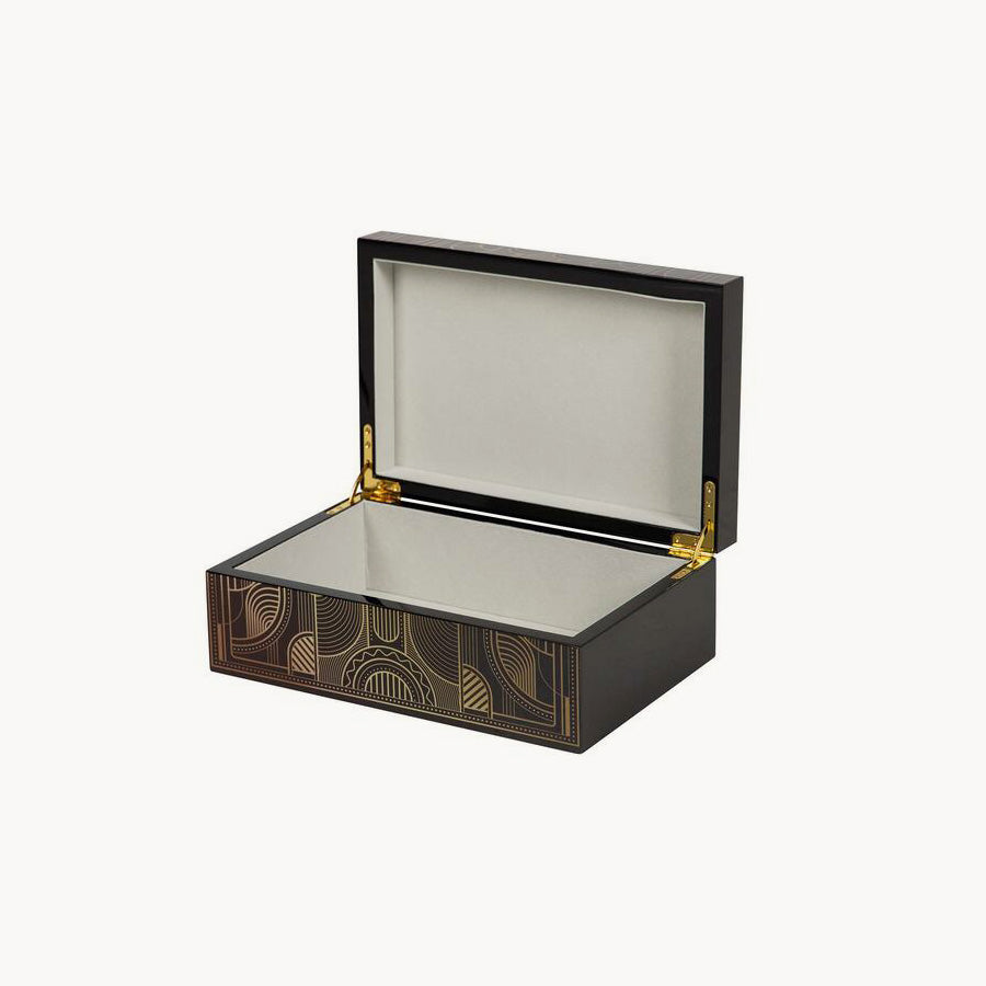 Caja decorativa Gardenia en color negro con dorados. 