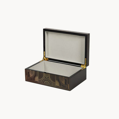 Caja decorativa Gardenia en color negro con dorados. 