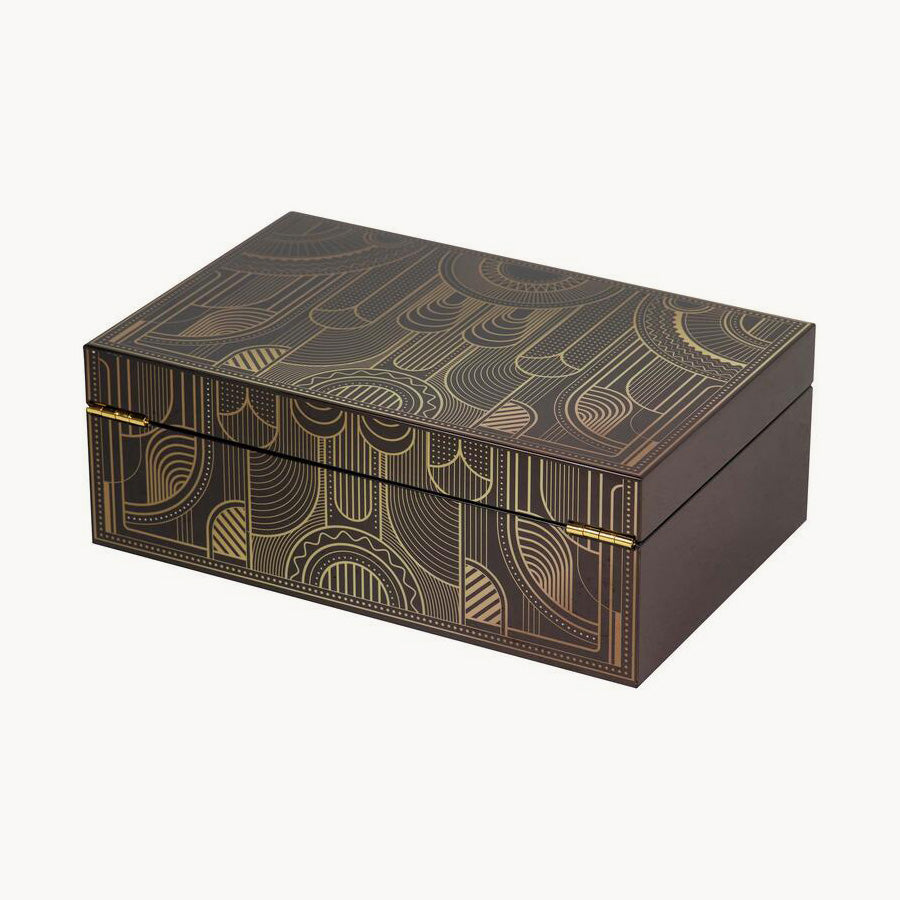 Caja decorativa Gardenia en color negro con dorados. 