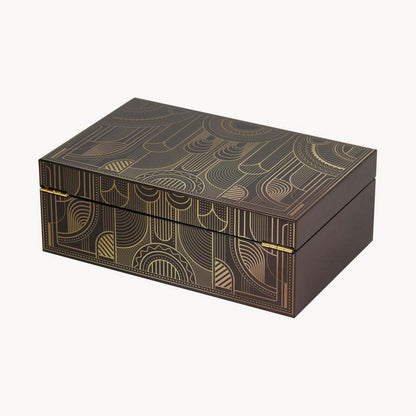 Caja decorativa Gardenia en color negro con dorados. 