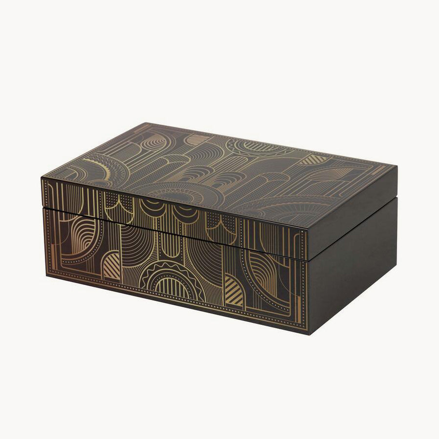 Caja decorativa Gardenia en color negro con dorados. 