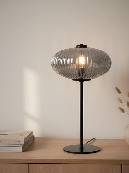 Lámpara de mesa de cristal ahumado y acero negro