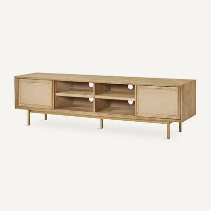  Mueble TV fabricado de madera maciza color natural y metal dorado en sus patas.