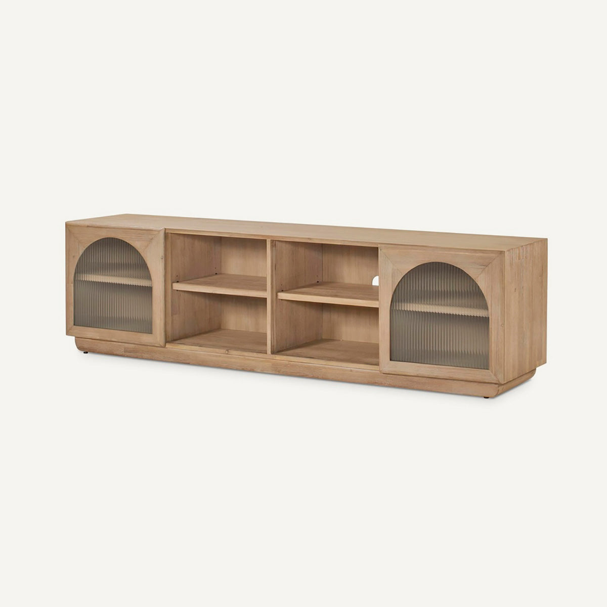Mueble TV fabricado en madera maciza marrón natural combinado con cristal en las puertas.