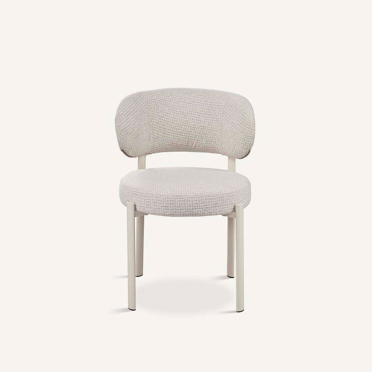 Silla para el salón o comedor, con asiento tapizado en color gris, respaldo redondeado y patas de metal color blanco.