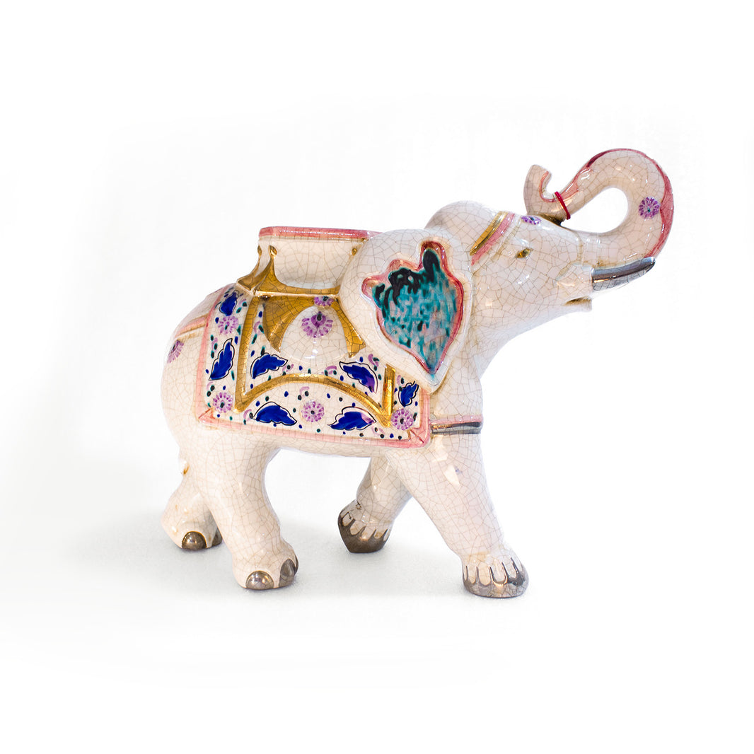 Figura elefante, porcelana blanca y detalles multicolor