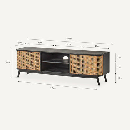Mueble TV fabricado en madera maciza color negro combinado con rafia natural.