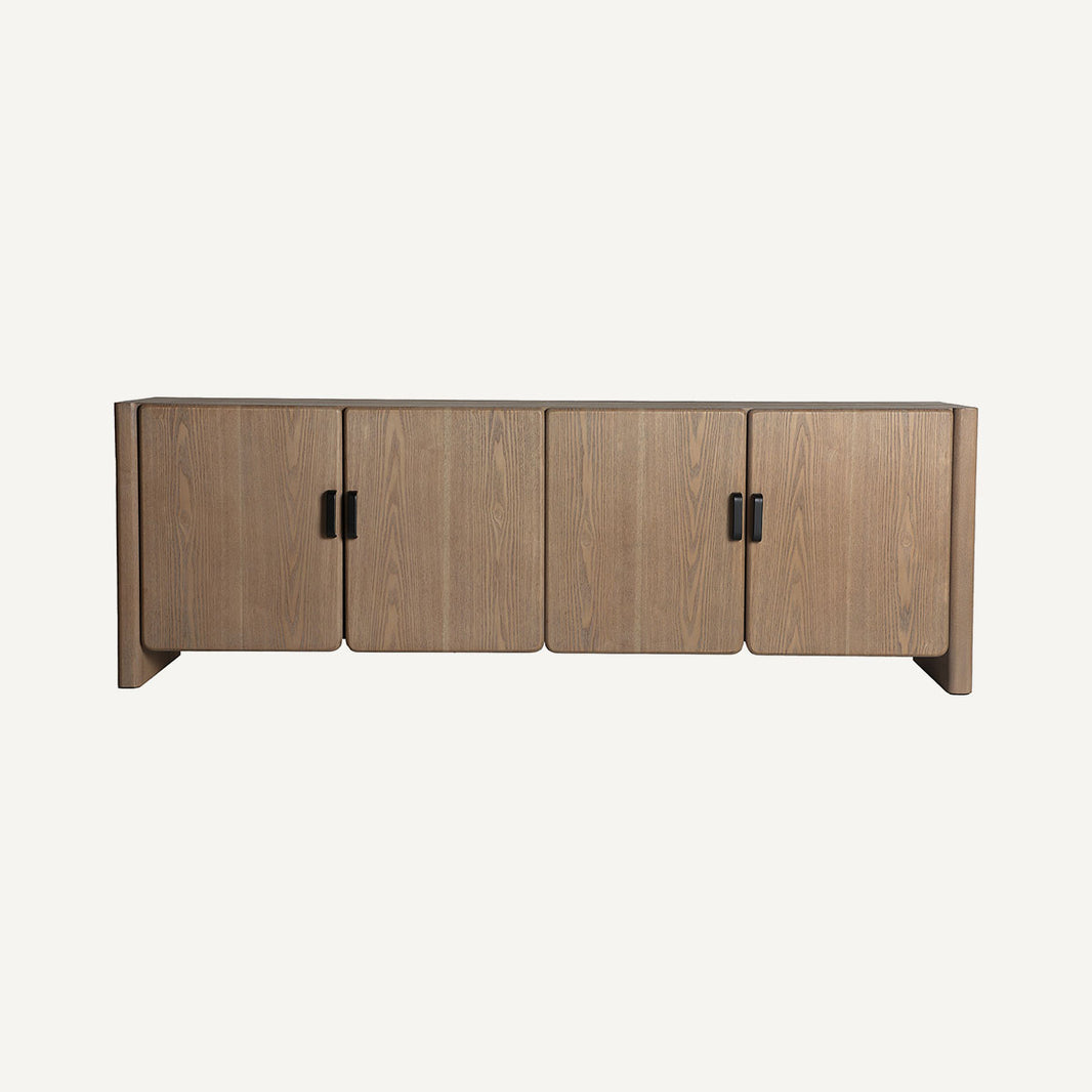 Mueble TV en madera de fresno marrón y tiradores metálicos negro