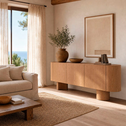 Aparador en chapa de madera de roble, con tres puertas y huecos en el interior.