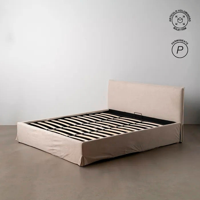 Cama doble tapizada con canapé y cabezal, de textura suave color beige. Apta colchón 180x200 cm
