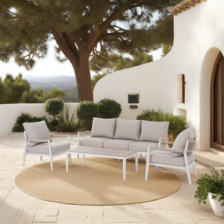 Conjunto para exterior de aluminio blanco, sofá y butacas con tejido beige