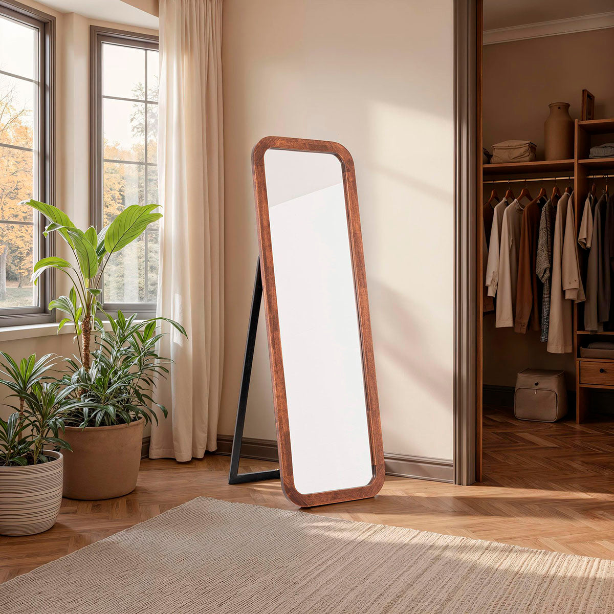 Espejo elegante de suelo de 150x50 cm, fabricado en madera de nogal y pie metálico