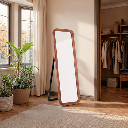 Espejo elegante de suelo de 150x50 cm, fabricado en madera de nogal y pie metálico
